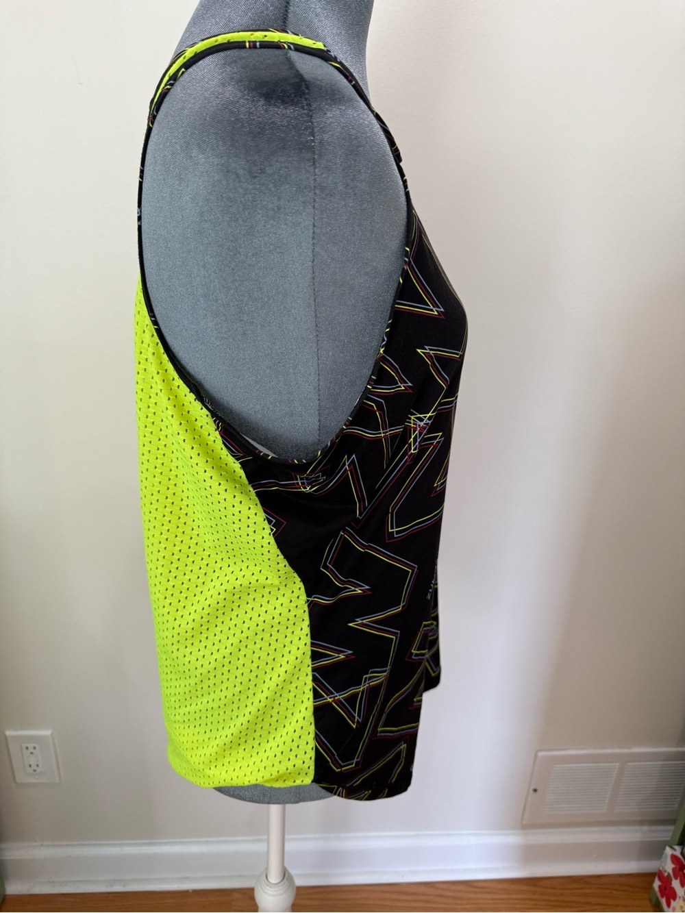 Zumba Fitness Neon Yellow Mesh Top with Black Trim and Multicolor Stripe Detail - Picture 5 of 13